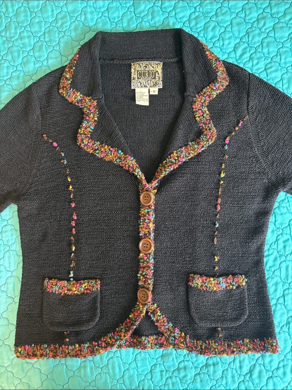 Curio Black Rainbow Tweed Trim Sweater Jacket Blazer Small Cropped Boucle